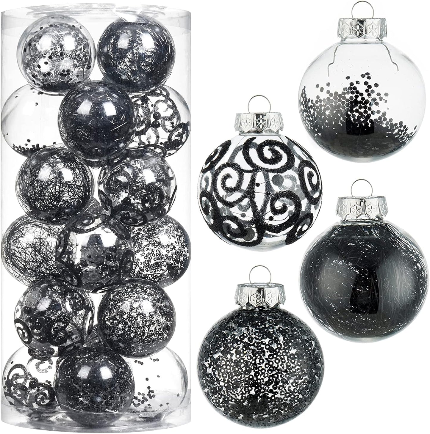 Christmas Ball Ornaments Shatterproof Clear Large Plastic Hanging Ball Decorative Baubles Set with Stuffed Delicate Decorations (70Mm/2.76", Black)