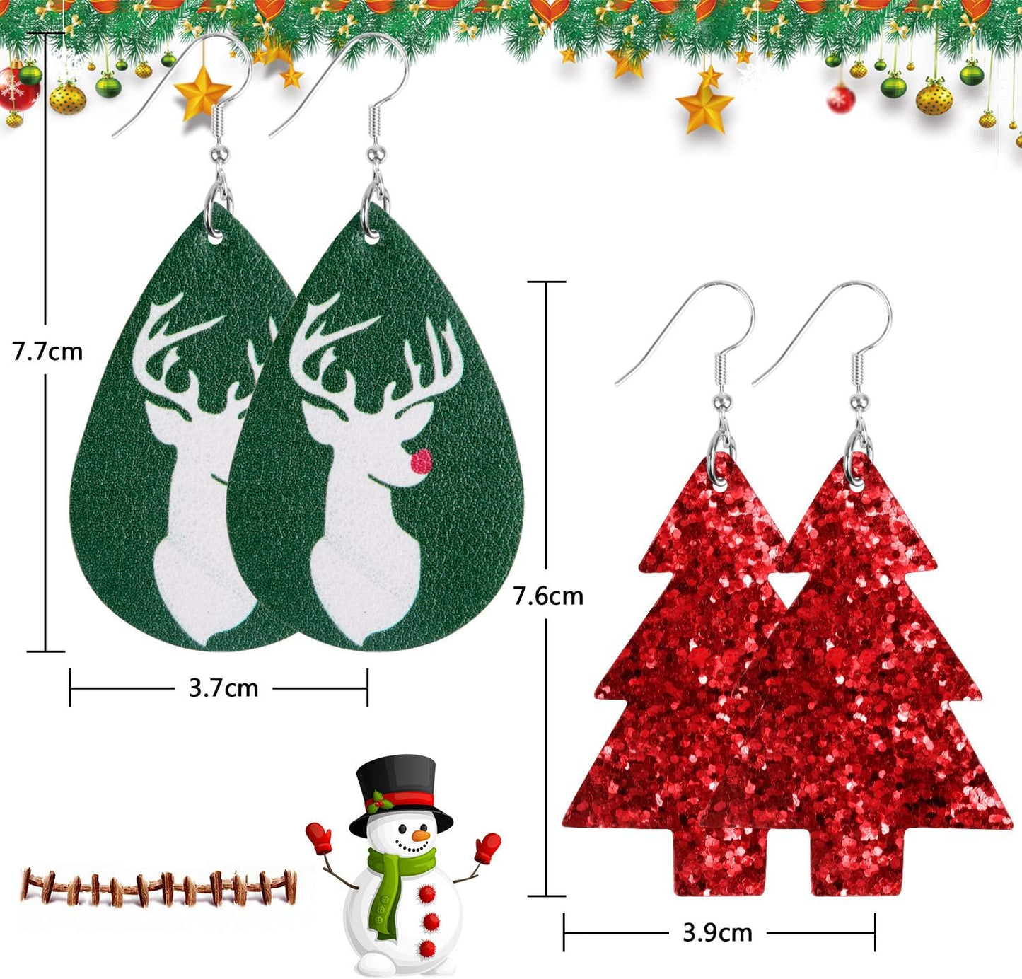 12 Pairs Christmas Faux Leather Earrings for Women Lightweight Leaf Long Dangle Earrings Teardrop Earrings