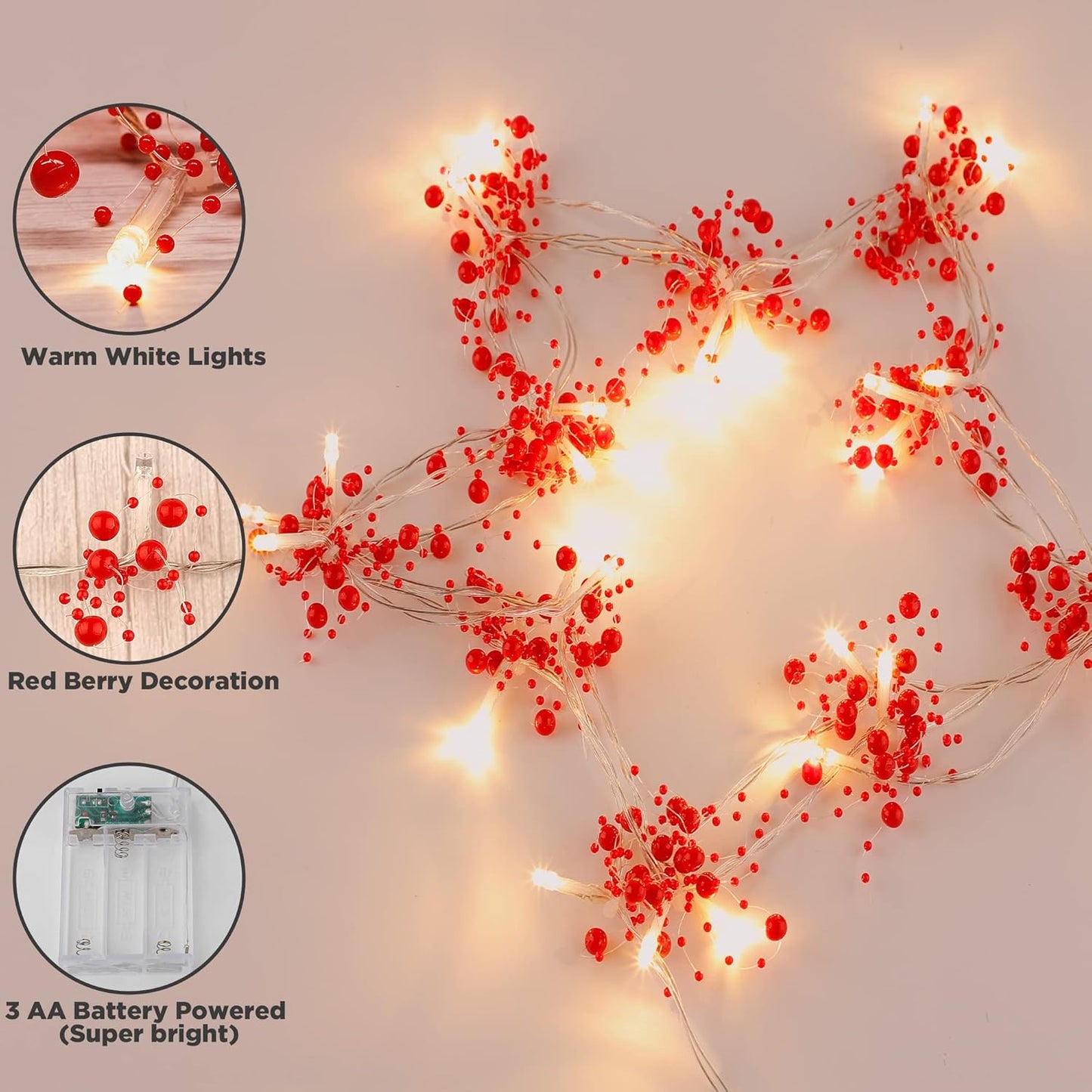 10FT 30 LED Christmas String Lights, Battery Operated, 2 Light Modes, Red Berry Garland for Christmas Tree & Fireplace Decoration, Indoor