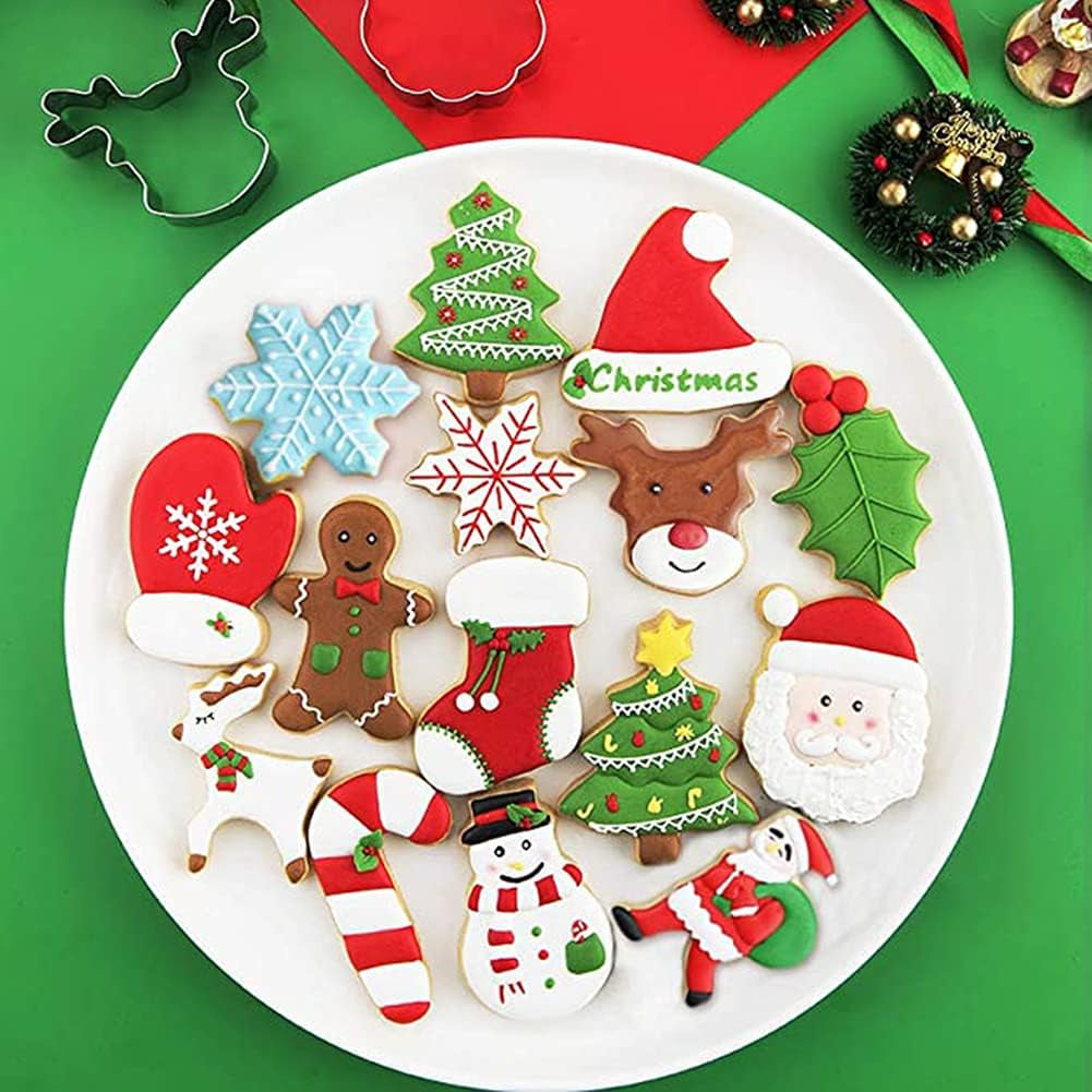 5/8/10/14 PCS Christmas Xmas Cookie Cutter Set Stainless Steel Cookie Cutters Mold for Making Christmas Tree, Snowflake, Reindeer, Santa Face, Angel, Sock and More (14 Pcs/Set)