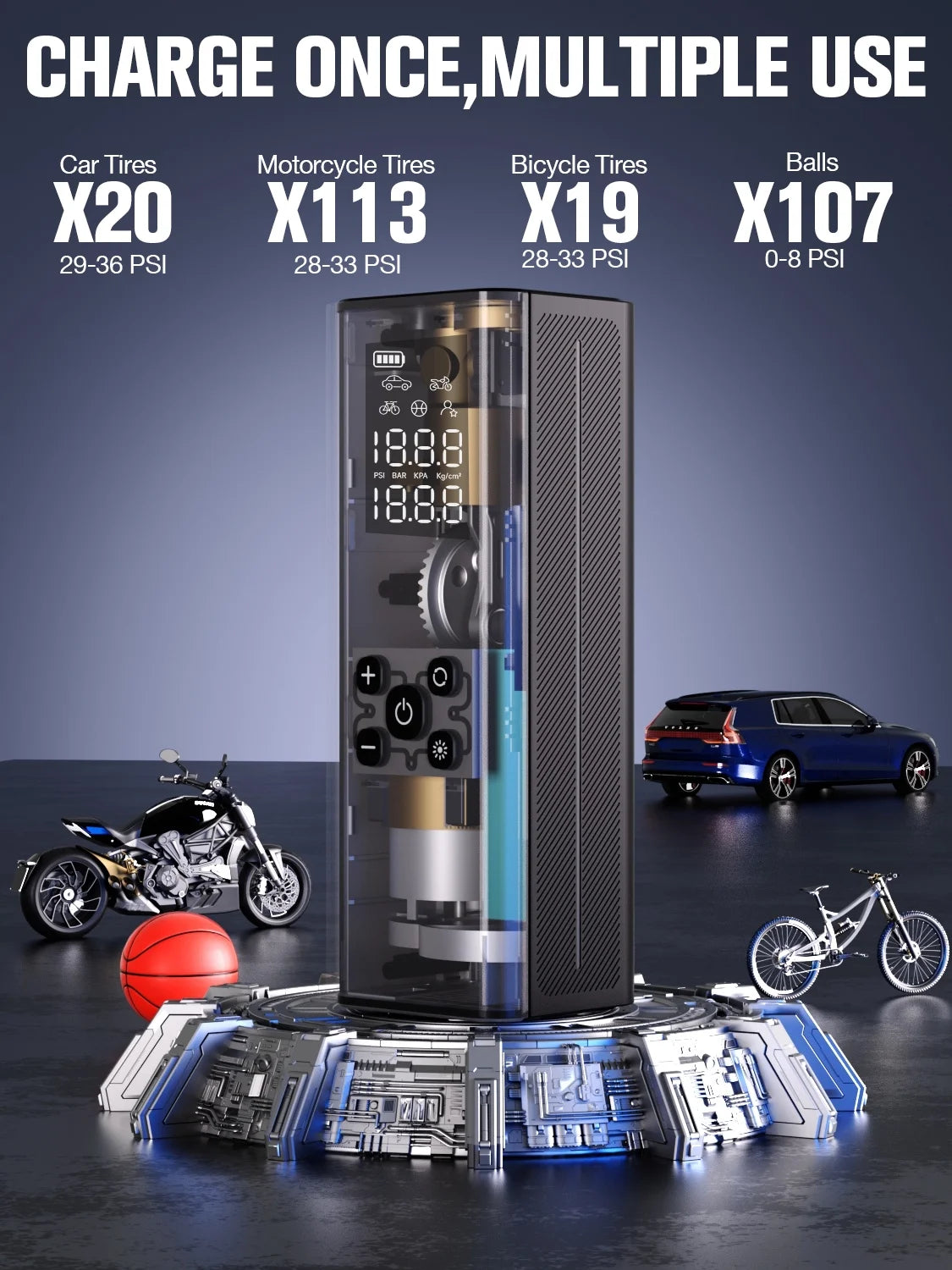 GT150 Cordless Portable Tire Inflator, 7500Mah 150 PSI Air Compressor for Car Tires, Digital Pressure Gauge, Automatic Shut-Off, Emergency LED Light, Compact Electric Air Pump