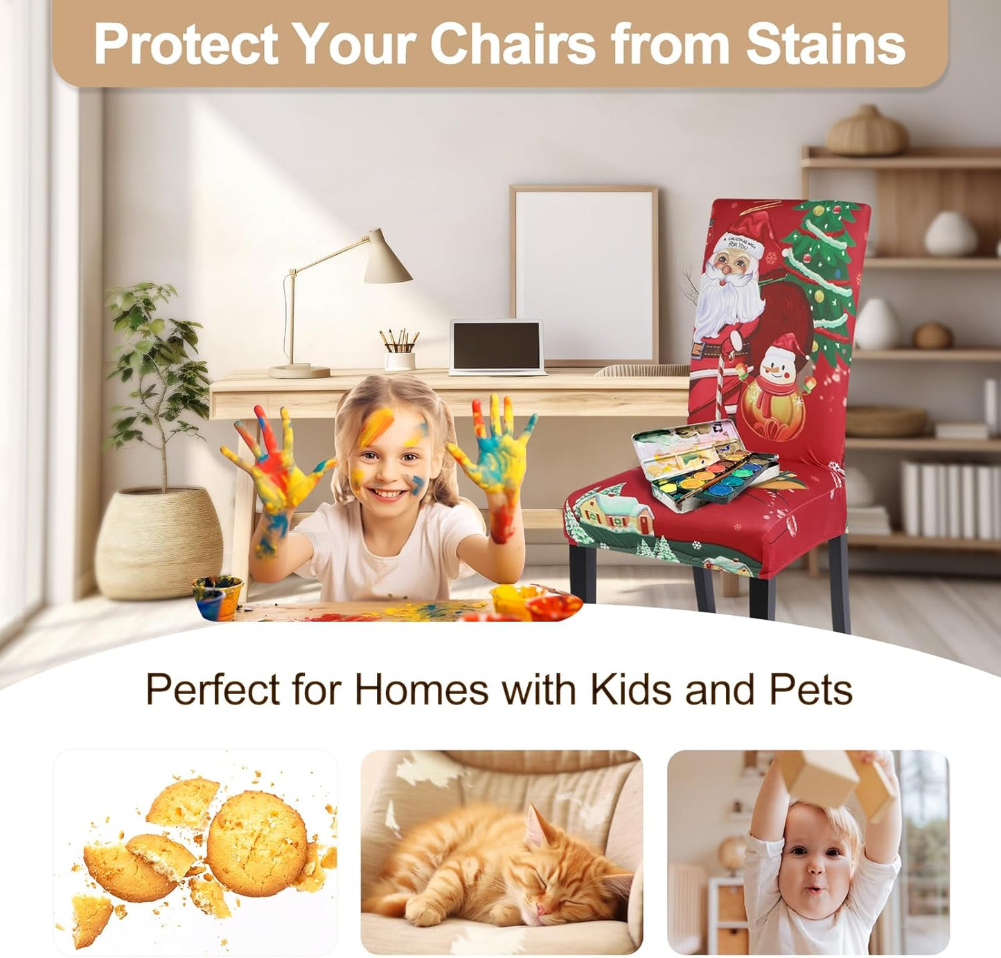 Christmas Dining Chair Covers Set of 4,Stretch Printed Kitchen Chair Cover Washable Spandex Xmas Parsons Chair Protector Slipcovers for Christmas Decoration,Holiday Party(Santa Claus)