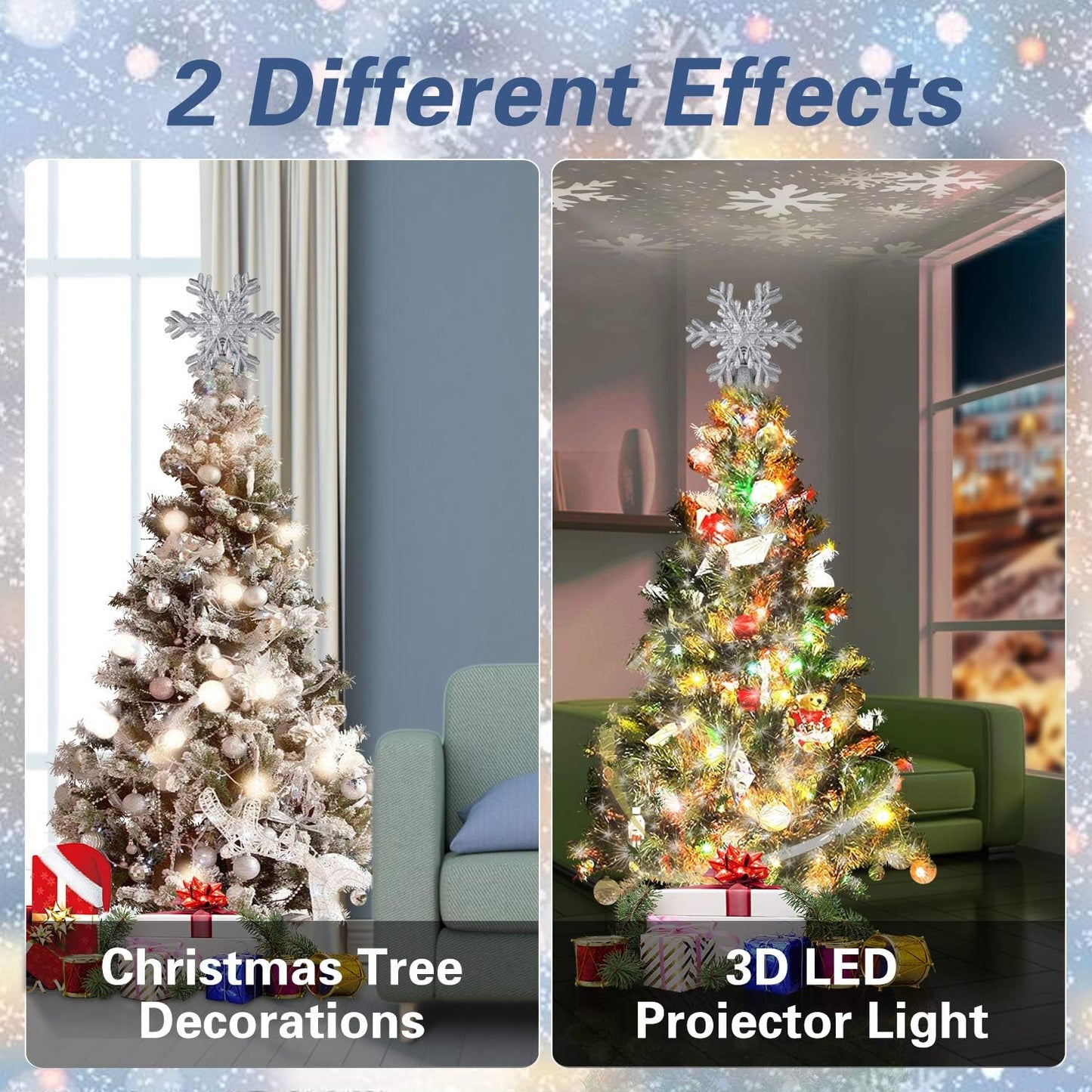 Christmas Tree Topper, Star Tree Topper Lighted Indoor with Rotating 3D Silver Snowflake LED Projector Hollow Glitter Lighted for Xmas Tree Christmas Decorations Holiday