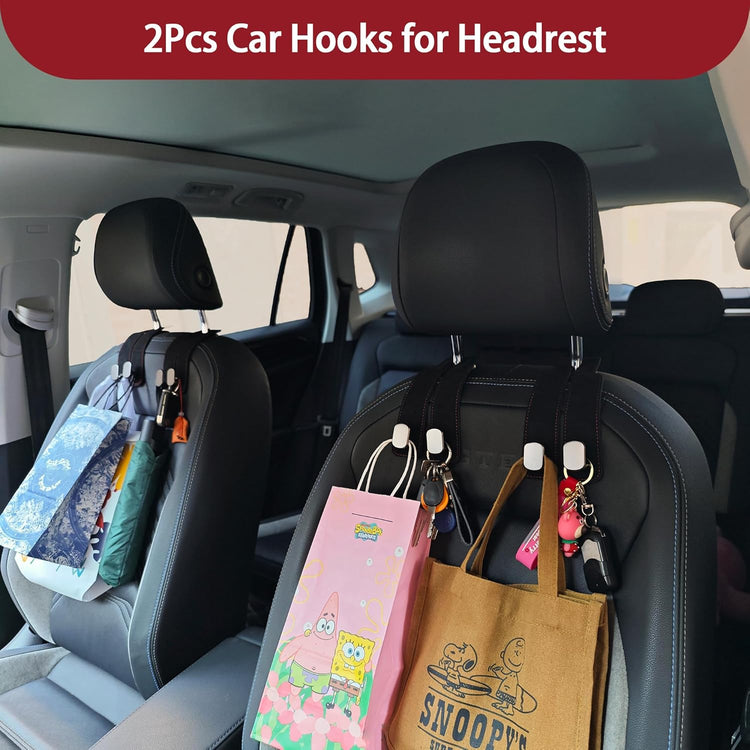 2 in 1 Car Seat Back Storage Hook and Headrest Hooks for Car,2Pcs Purse Hook for Car,Bendable Universal Double Hooks with Phone Holder,Car Hooks for Purses and Bags and Shopping Bags(Black)