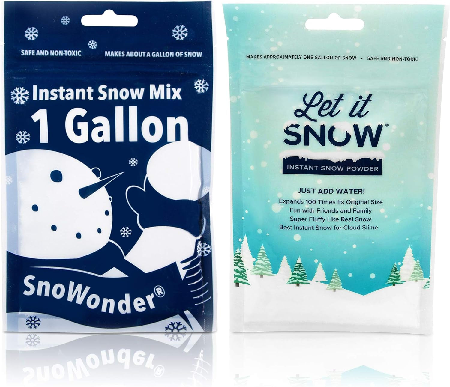 Instant Snow Powder for Slime 4 Pack  (2) and Snowonder (2) Made in the USA - Artificial Snow Mix Fake Snow Holiday Decorations