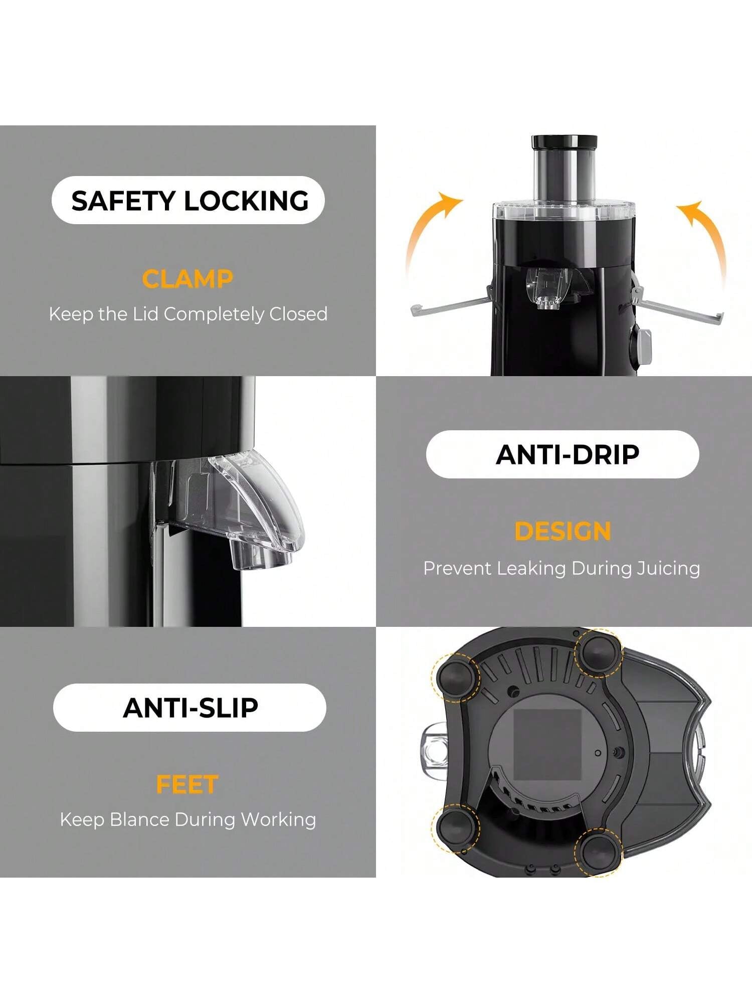 Sejoy Electric Juicer, Large-Diameter Centrifugal High-Speed Juicer, 2 Speed Modes, Multiple Safety Functions, Suitable for Fruits and Vegetables, Easy to Clean, Easy to Operate