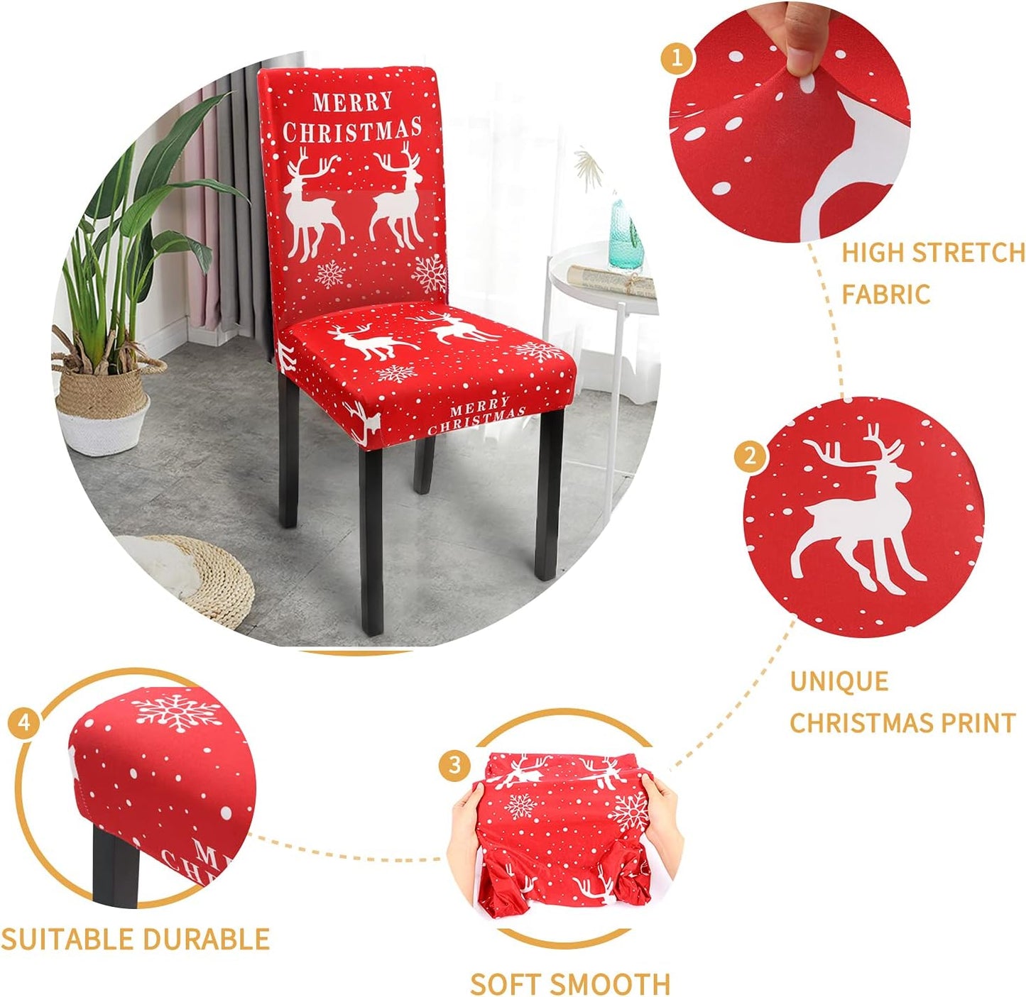 Christmas Chair Covers Set of 4, Xmas Dining Chair Back Covers,Removable and Washable,Red Christmas Dining Chair Covers Set,Christmas Kitchen Decor/Restaurant Party Home Decor