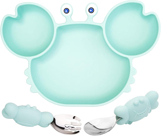 Silicone Suction Plate for Toddlers with Fork Spoon Set - Self Feeding Training Divided Plate Dish and Bowl for Baby and Toddler, Fits for Most Highchairs Trays (Cyan)