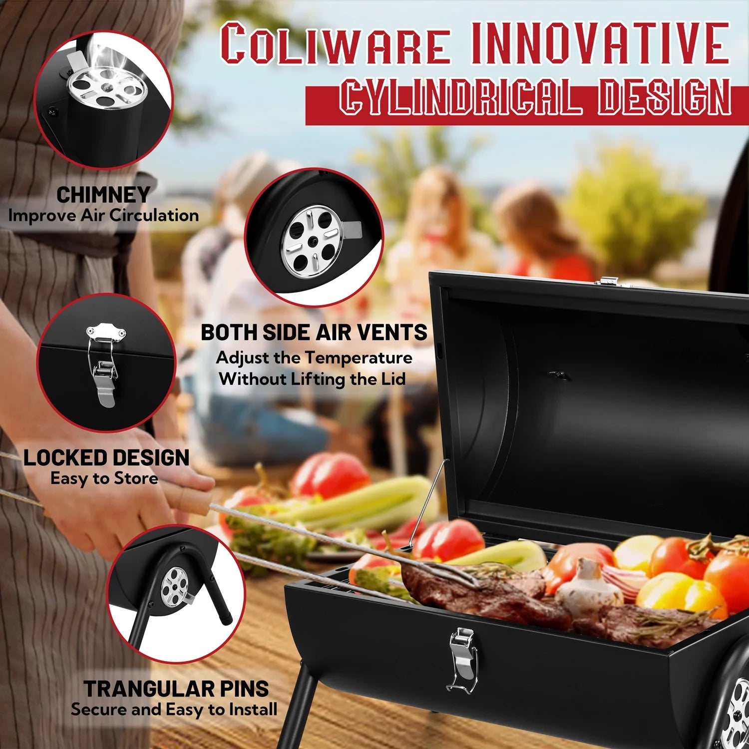 Portable Outdoor Tabletop Charcoal Grill, Multi-Functional Food-Safe Barbecue Smoker for Backyard Camping Picnics Beach, Compact & Heavy Duty