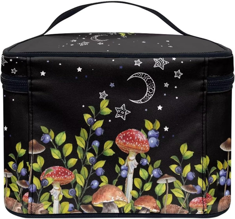 Mushroom Blueberry Portable Makeup Bag Makeup Organizer Large Capacity Travel Cosmetic Bag for Women and Girls