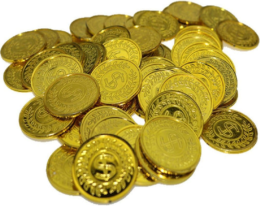 100Pcs Plastic Play Coins Gold Pirate Treasure Hunt Coins Toys for Kids Party Theme Props Decoration,Party Favor,Lucky Draw Games, Great for Kids, Toddlers, Teachers