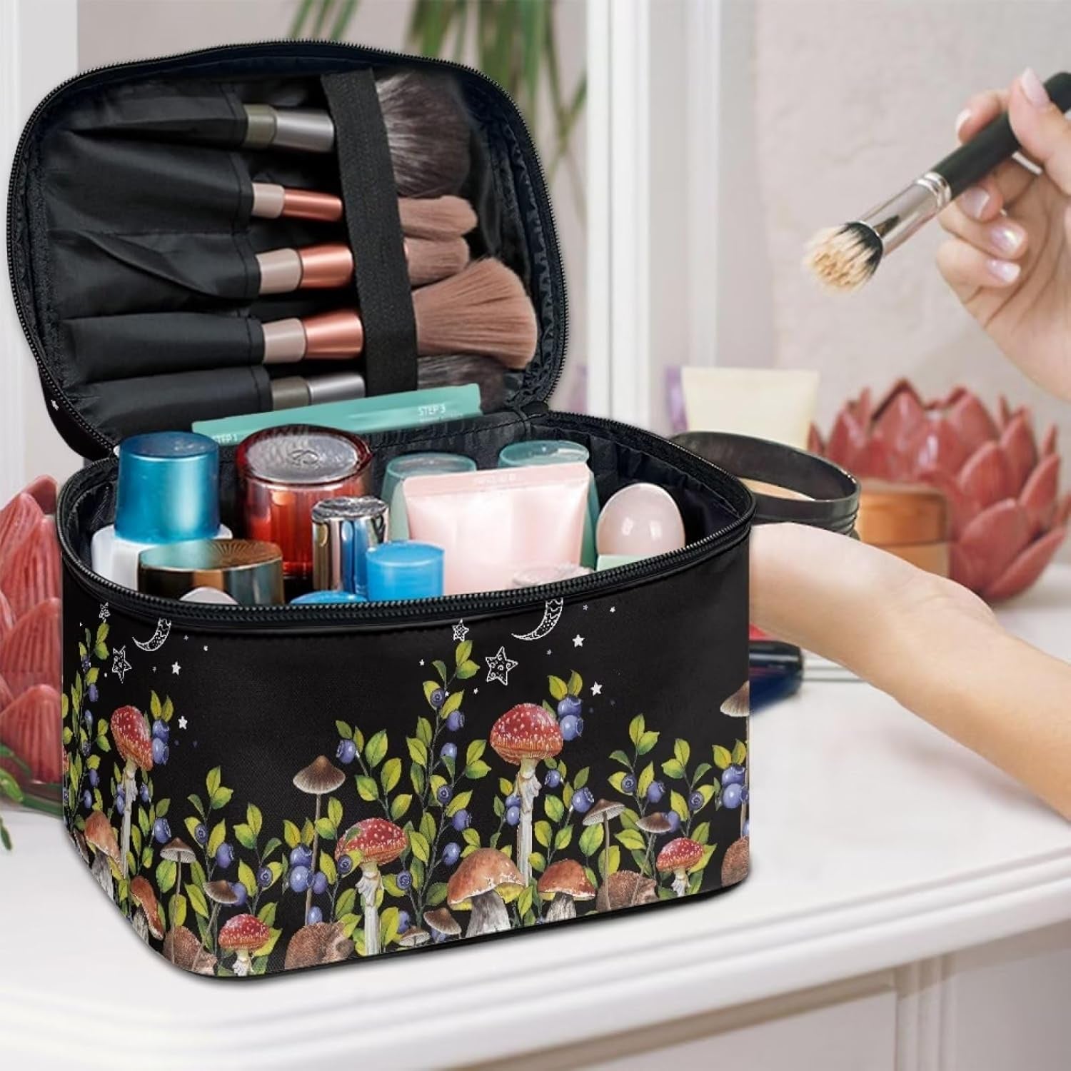 Mushroom Blueberry Portable Makeup Bag Makeup Organizer Large Capacity Travel Cosmetic Bag for Women and Girls