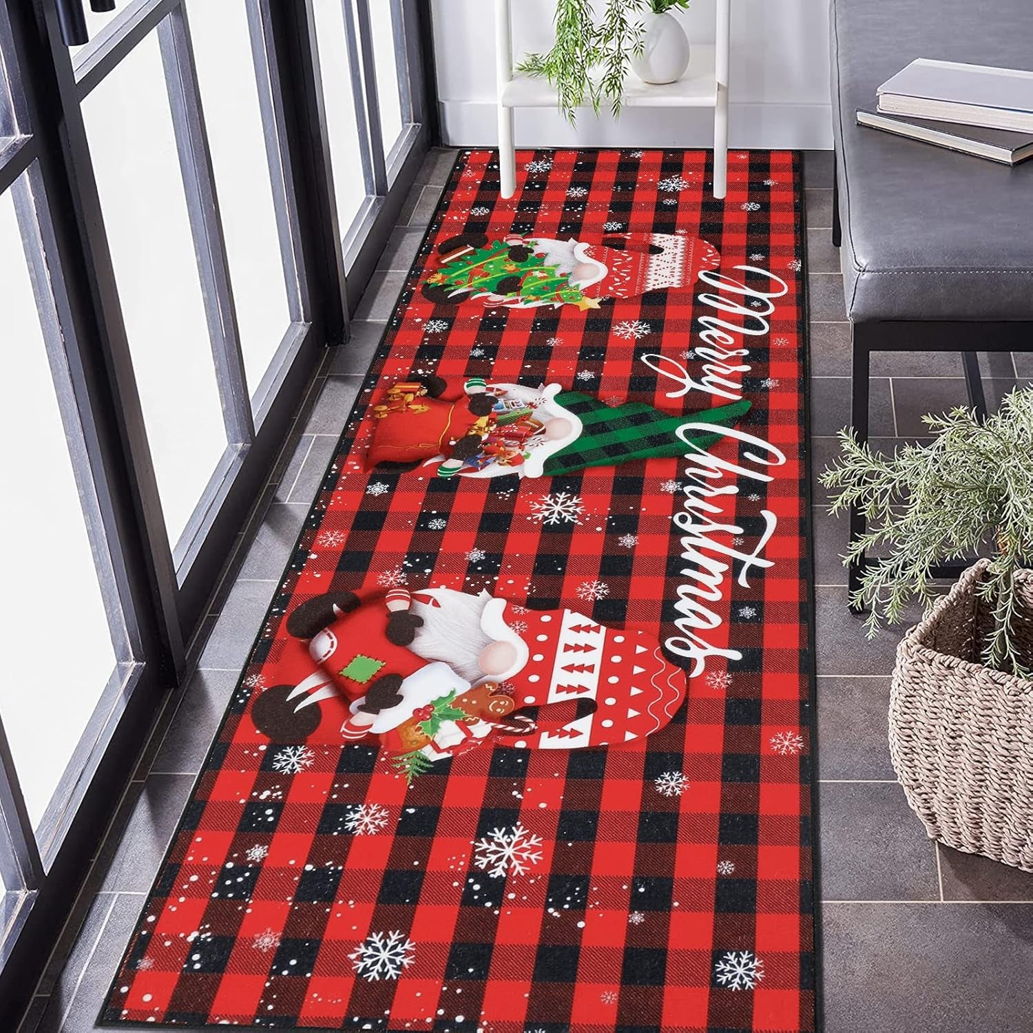 Christmas Gnome Hallway Runner Rug 2X6 Non Slip Washable Kitchen Area Rug Farmhouse Red Buffalo Plaid Door Mat Entryway Rug Carpet Runner for Laundry Room Bedroom Christmas Decorations