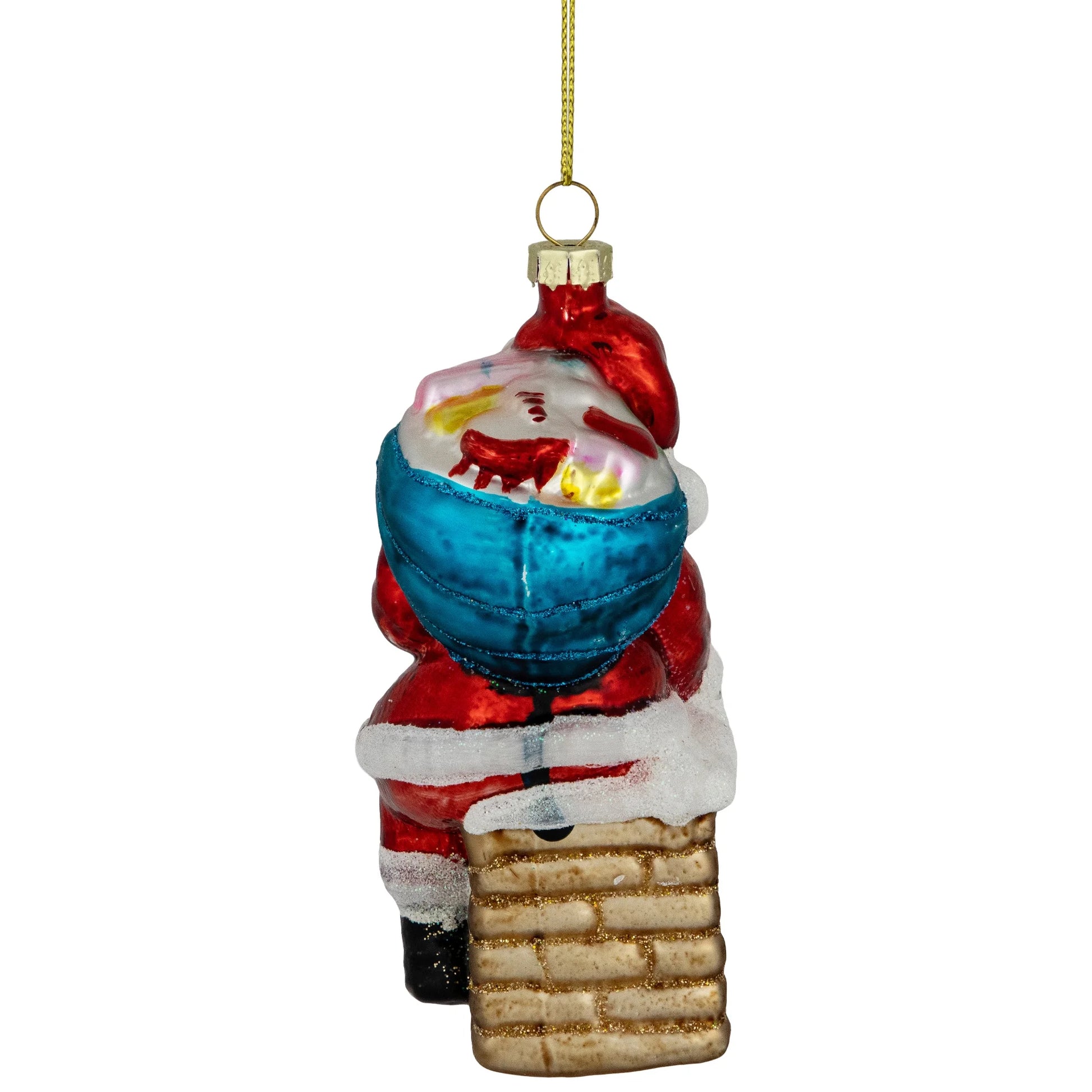 Santa down the Chimney Hanging Glass Christmas Hanging Ornament - 4.75" - Red