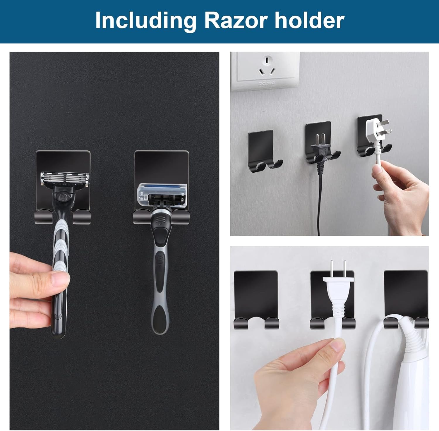Razor Holder 304 Stainless Steel for Shower + Adhesive Sticky Heavy Duty Waterproof Wall Hooks, Premium for Hanging Towels, Coat, Hat (2+2 Pack) - Black