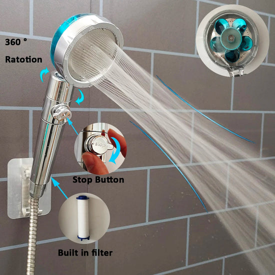 Filtered Turbo Propeller Bathroom Shower Head High Pressure Water Saving Stop Button Showerhead Water Pressure Adjustable Shower