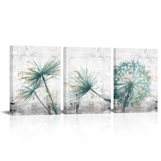 3 Pieces 12X16 Inch Framed Canvas Wall Art Clearance Kit Teal Dandelion on Rustic Grey Print 3 Picture Picture Canvas Poster Home Artwork Painting Decoration for Living Room Bedroom