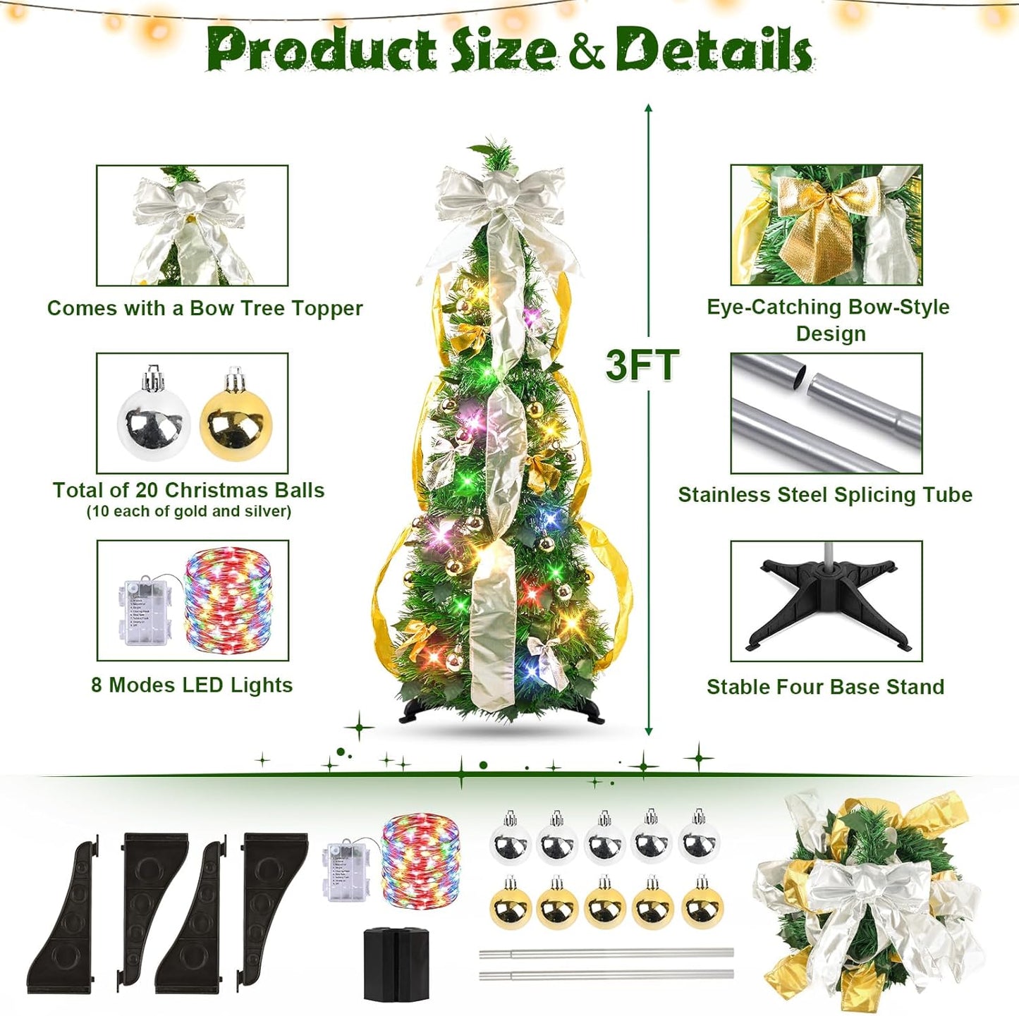 Pop up Christmas Tree Decorations Artificial Collapsible Tree with Lights 8Modes&Timer Predecorated Pencil Tinsel Tree for Home Apartment Office Indoor Outdoor Party Xmas Décor, 3FT, Green