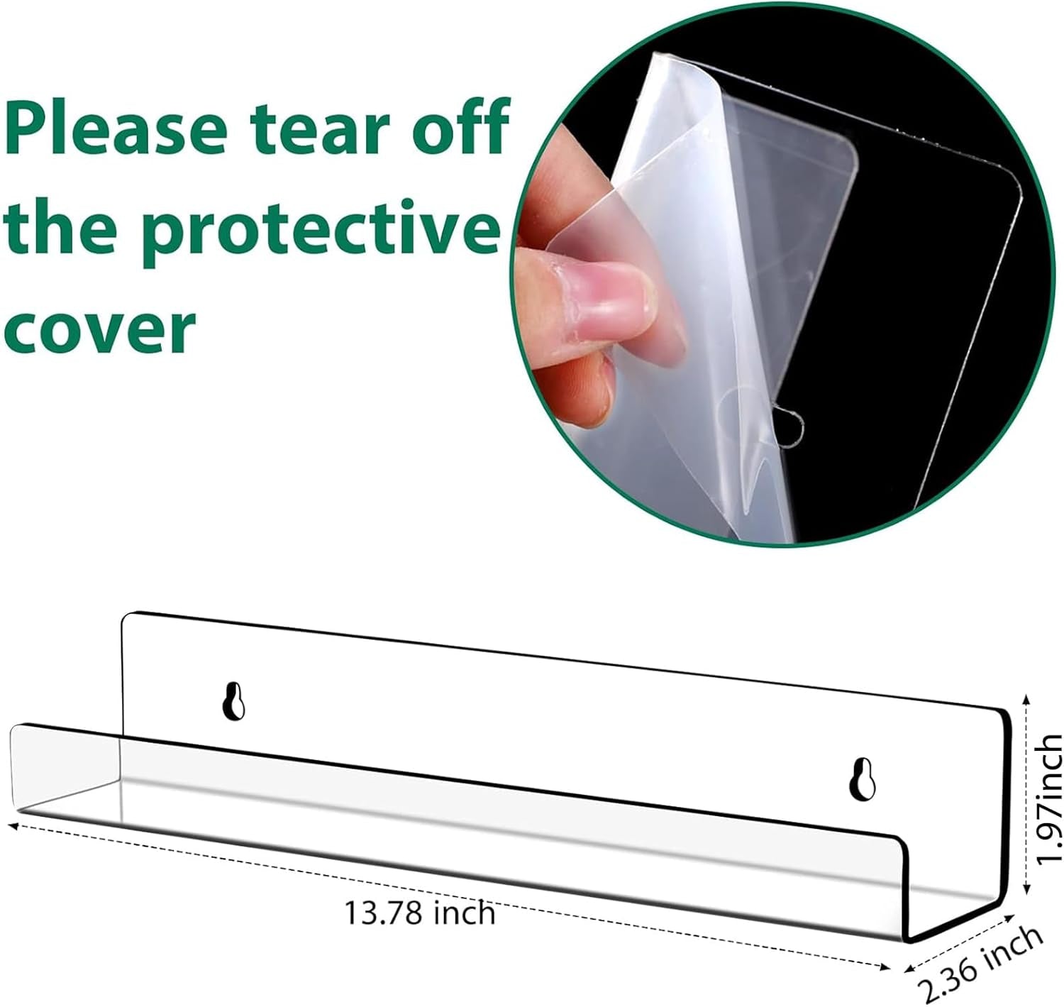 4 Packs 14 Inch Acrylic Floating Bookshelf, Wall Mounted Shelf, Ledge Book Shelf for Living Room, Office, Bedroom, Bathroom, Kitchen