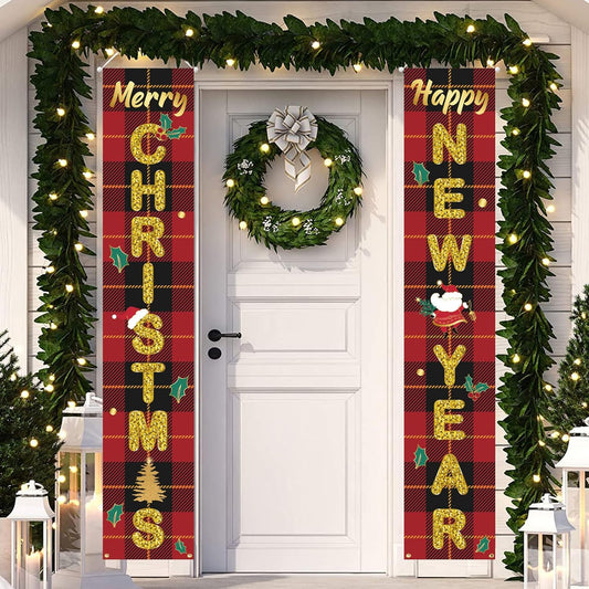 Outdoor Christmas Decorations, Happy New Year & Merry Christmas Front Door / Porch Banners, Buffalo Plaid Golden Porch Signs for Christmas Decor