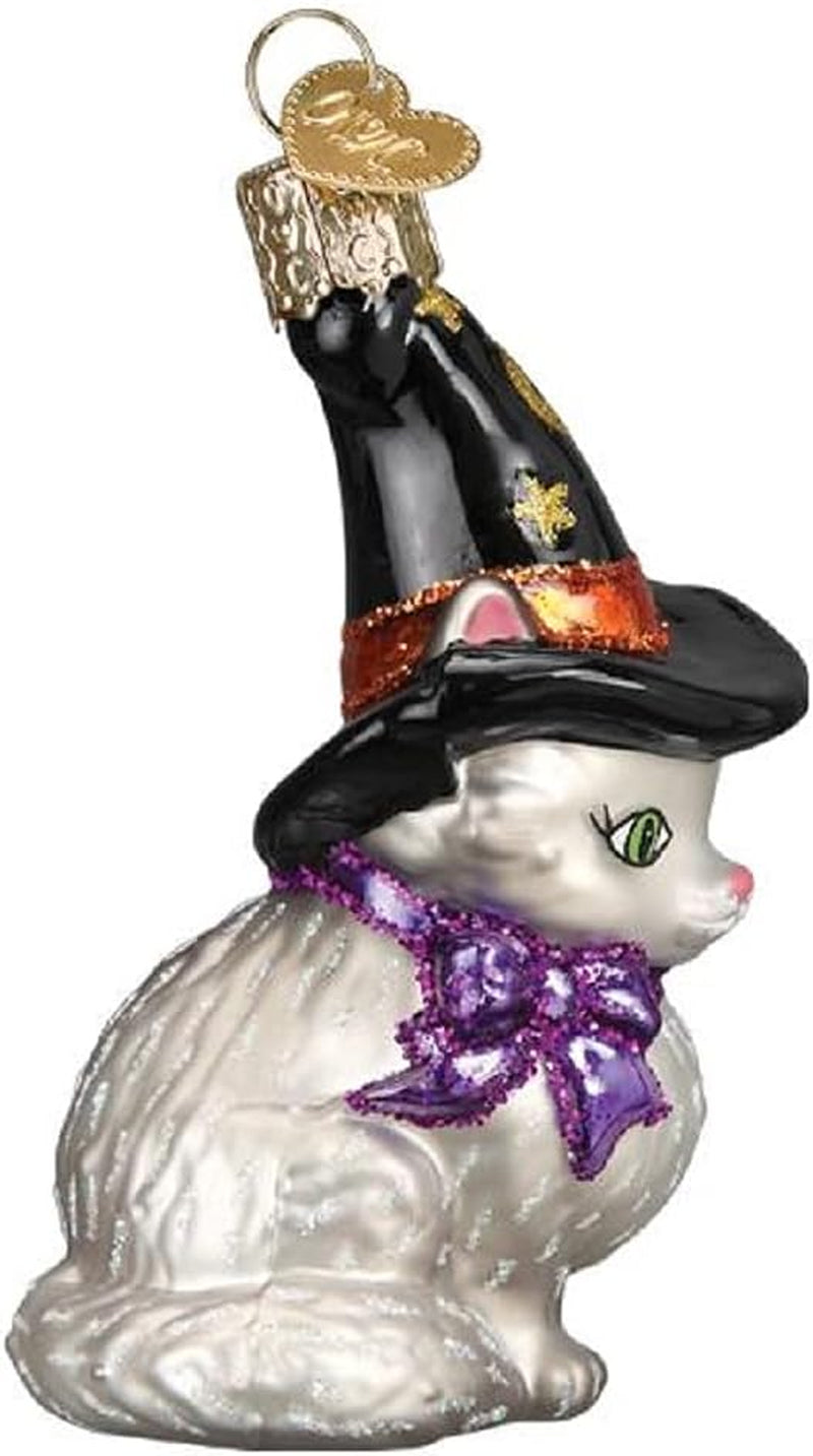 Witch Kitten Glass Blown Ornament for Christmas Tree, Handcrafted Holiday Decoration, Halloween Collection