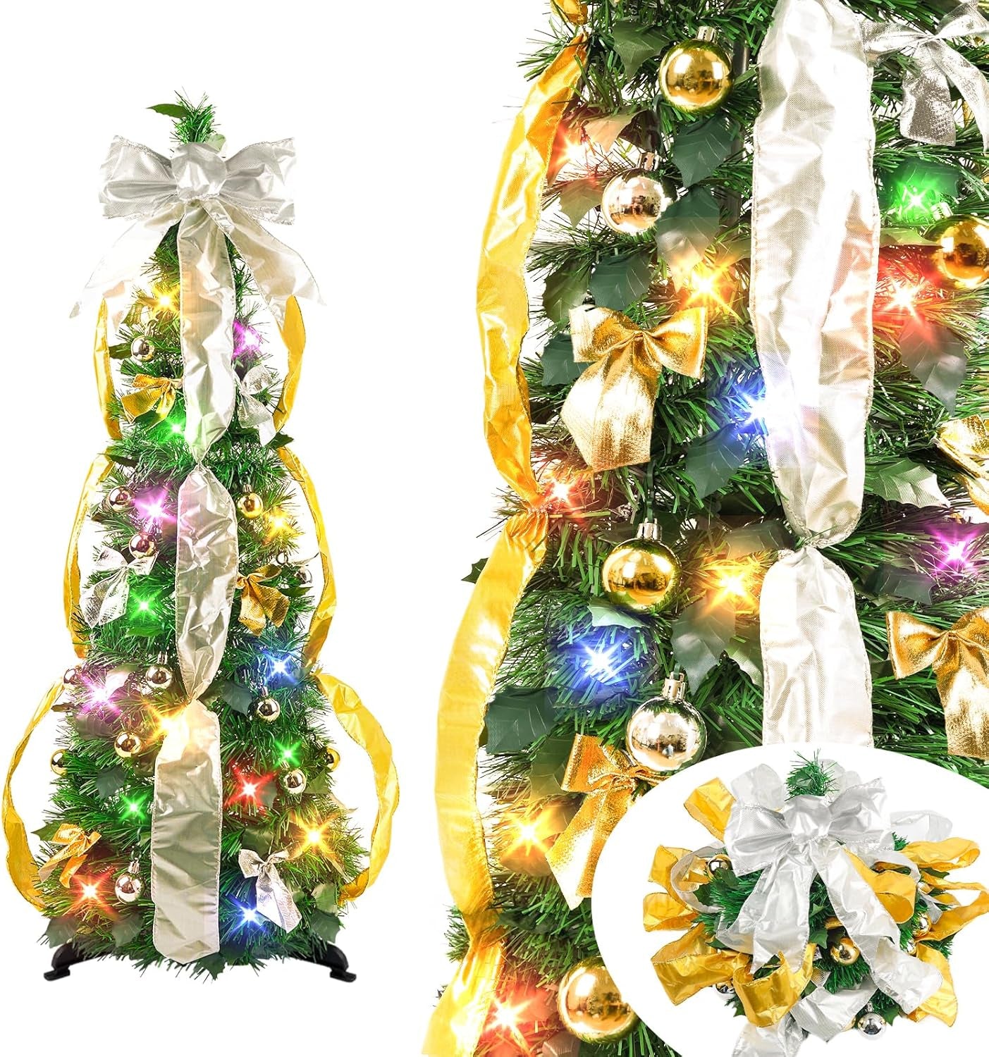 Pop up Christmas Tree Decorations Artificial Collapsible Tree with Lights 8Modes&Timer Predecorated Pencil Tinsel Tree for Home Apartment Office Indoor Outdoor Party Xmas Décor, 3FT, Green