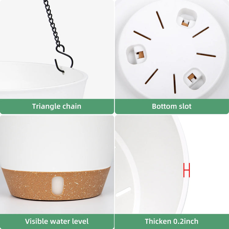 2 Pack 8 Inch Plastic White Hanging Planters with 3 Hooks, Hanging Plant Pot Basket with Drainage Hole for Garden Home