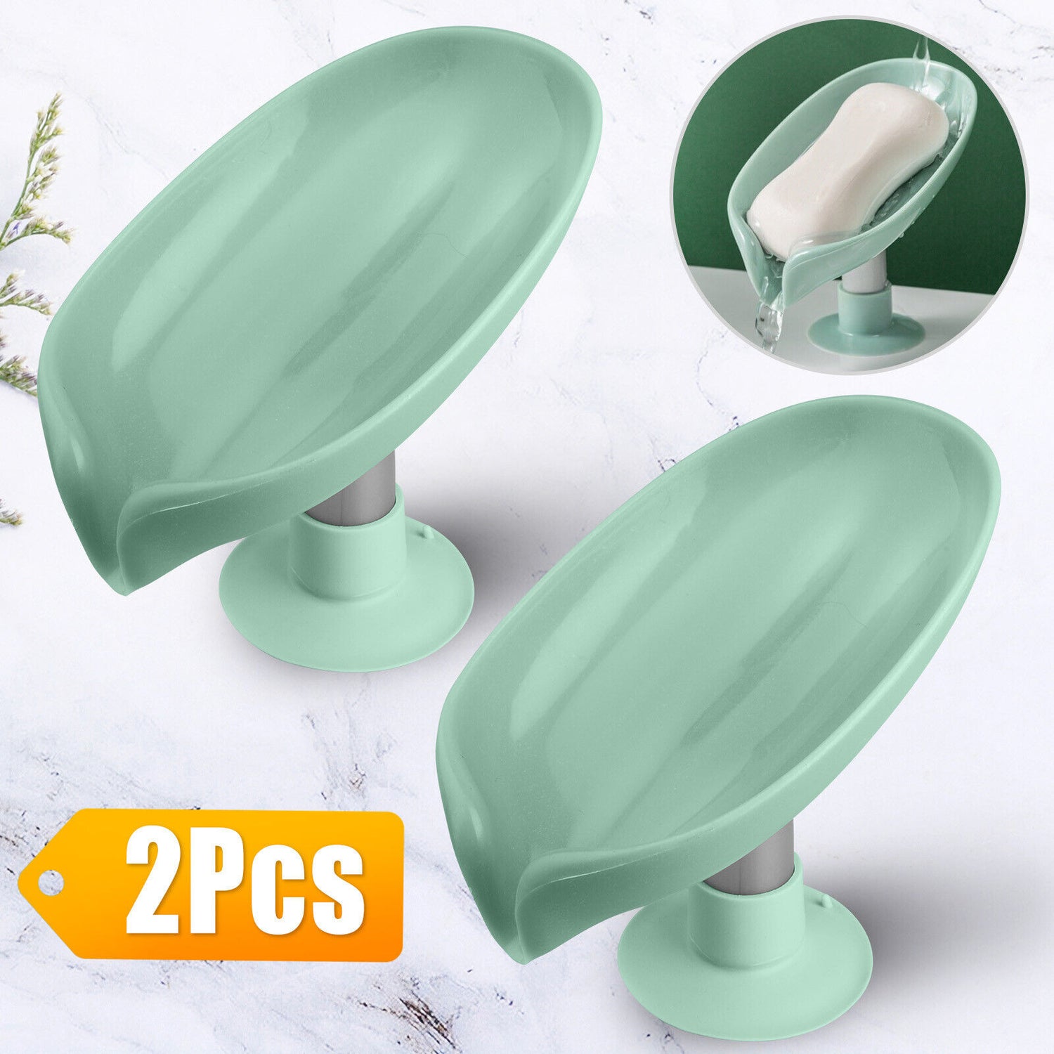 2Pcs Soap Dishes Holder Self Draining Leaf Shape Box Saver Suction Cup Bathroom