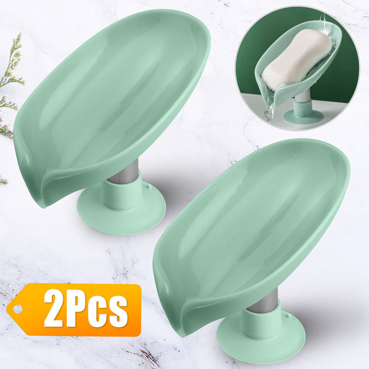 2Pcs Soap Dishes Holder Self Draining Leaf Shape Box Saver Suction Cup Bathroom
