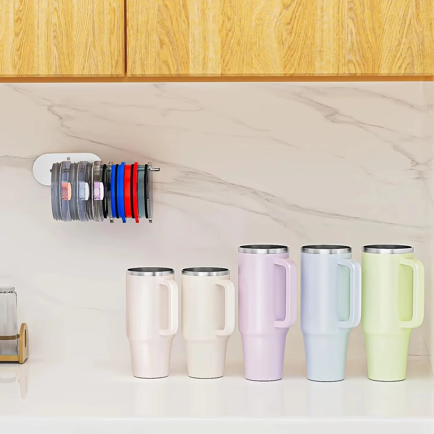 Tumbler Lid Organizer under Cabinet Tumbler Lid Holder Hook for Kitchen Organizers and Storage Space Saving Cup Lid Organizer
