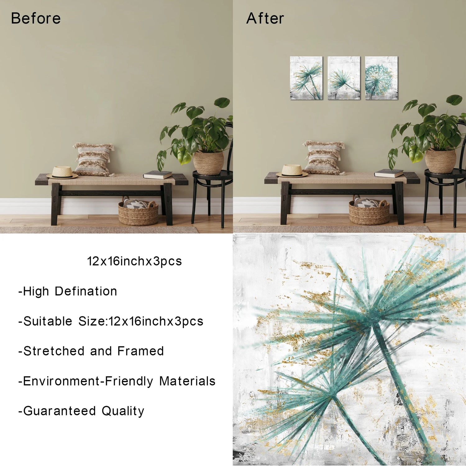 3 Pieces 12X16 Inch Framed Canvas Wall Art Clearance Kit Teal Dandelion on Rustic Grey Print 3 Picture Picture Canvas Poster Home Artwork Painting Decoration for Living Room Bedroom