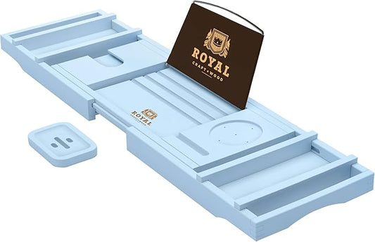 Royal Craft Wood Expandable Bathtub Caddy Tray – Blue with Soap Holder
