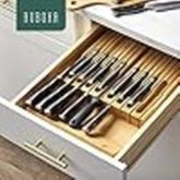 Bamboo Knife Drawer Organizer 16-Slot + Sharpener Slot | Eco-Friendly Holder