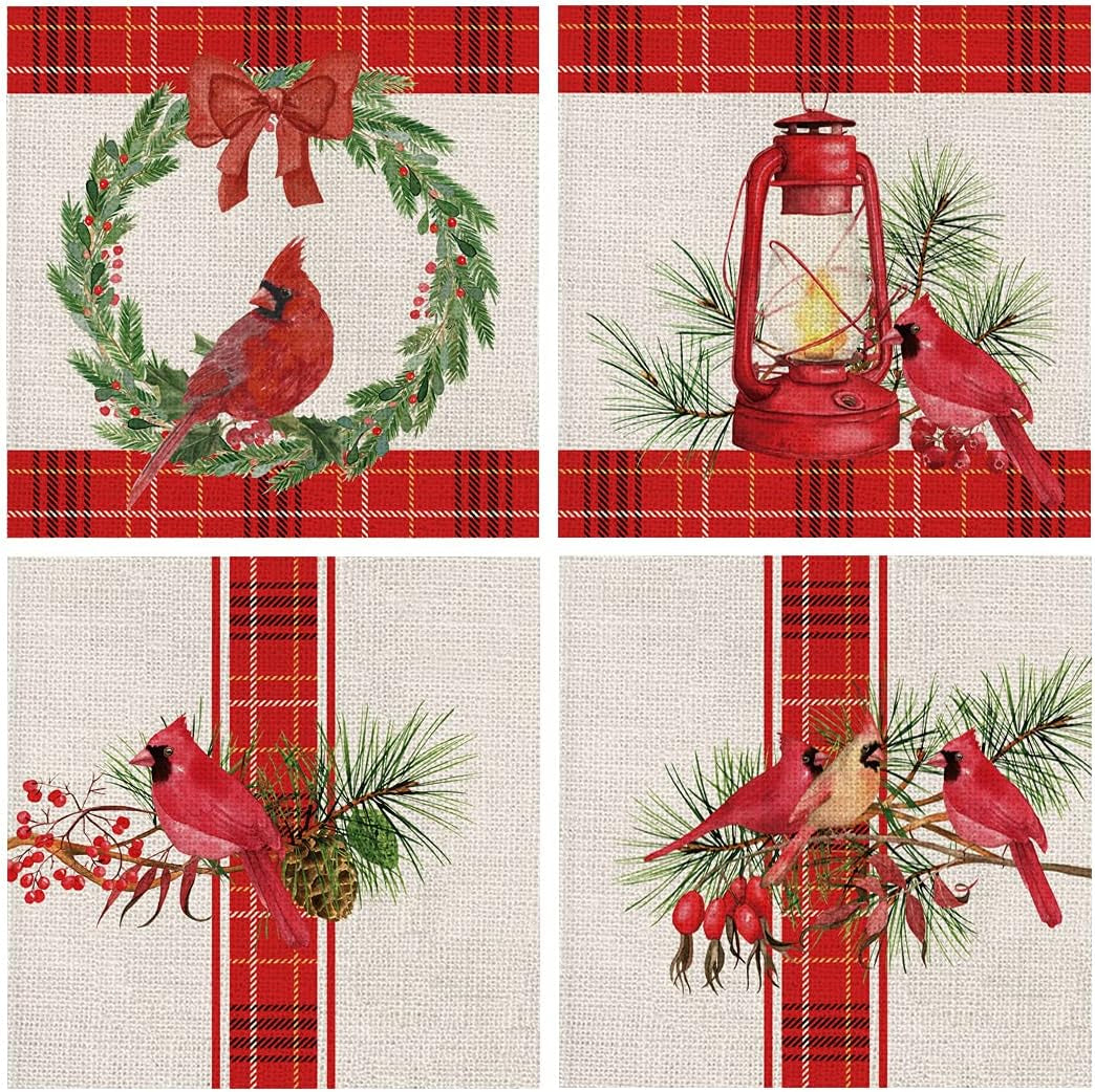 Christmas Pillow Covers Set of 4 Christmas Cardinal Red Buffalo Check Farmhouse Throw Pillowcase Party Decorations Winter Home Decor Case for Sofa Couch