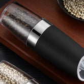 2 Pcs Electric Gravity Pepper and Salt Grinder Set, LED Light, Adjustable Coarseness, Battery Operated, Stainless Steel Black