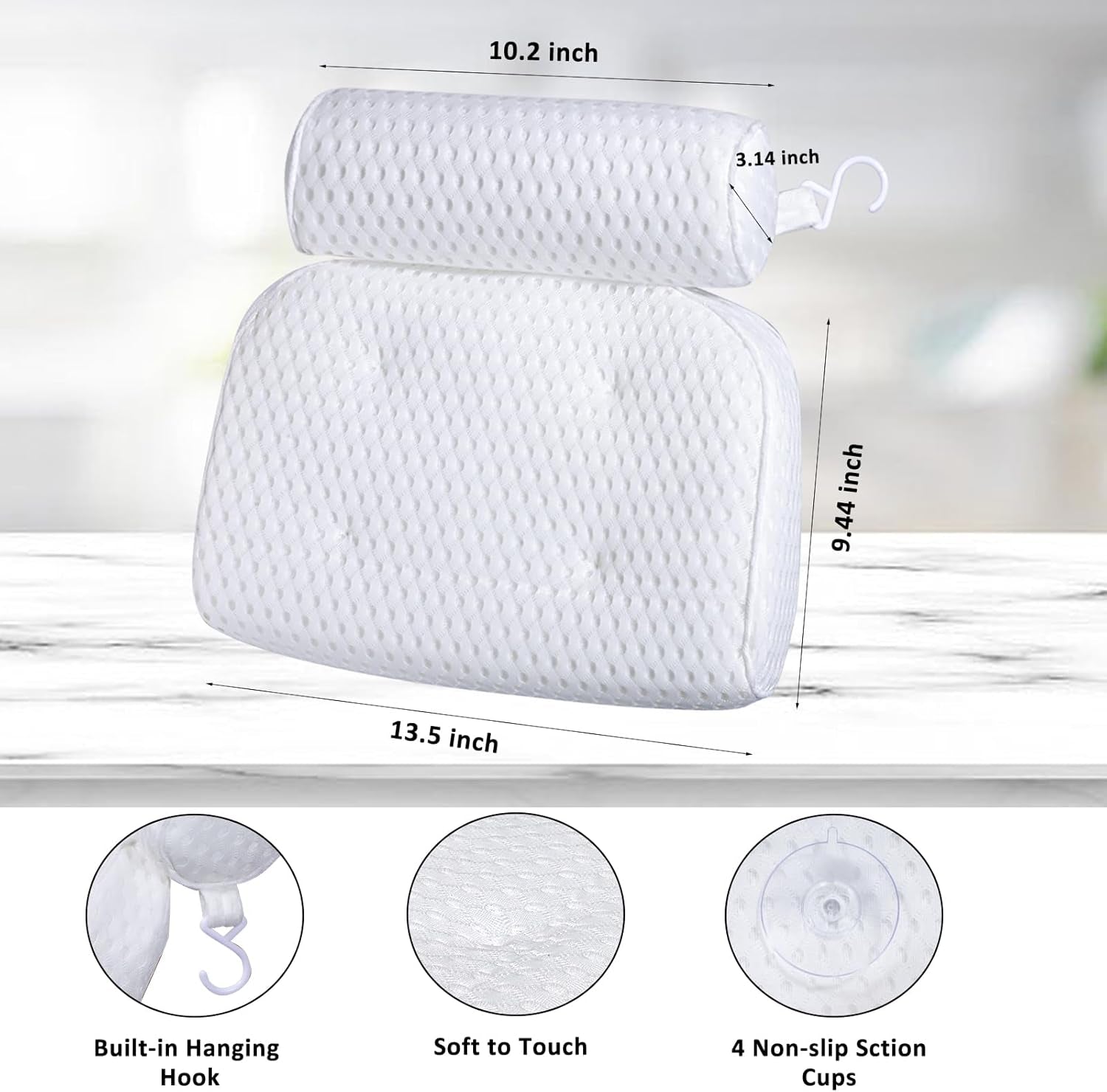 Bath Pillow for Tub Support Neck and Back, Bathtub Pillow Bath Accessories for Bathtub Women, Hot Tub Accessories for Adults White