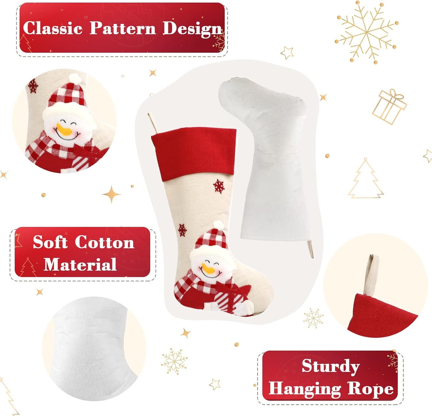 Christmas Stockings 4 Pack, 18'' Large Xmas Stockings for Christmas Decoration, Santa Snowman Ornaments, Rustic Classic DIY Craft Gifts Decor for Family Holiday Party Home Christmas Eve