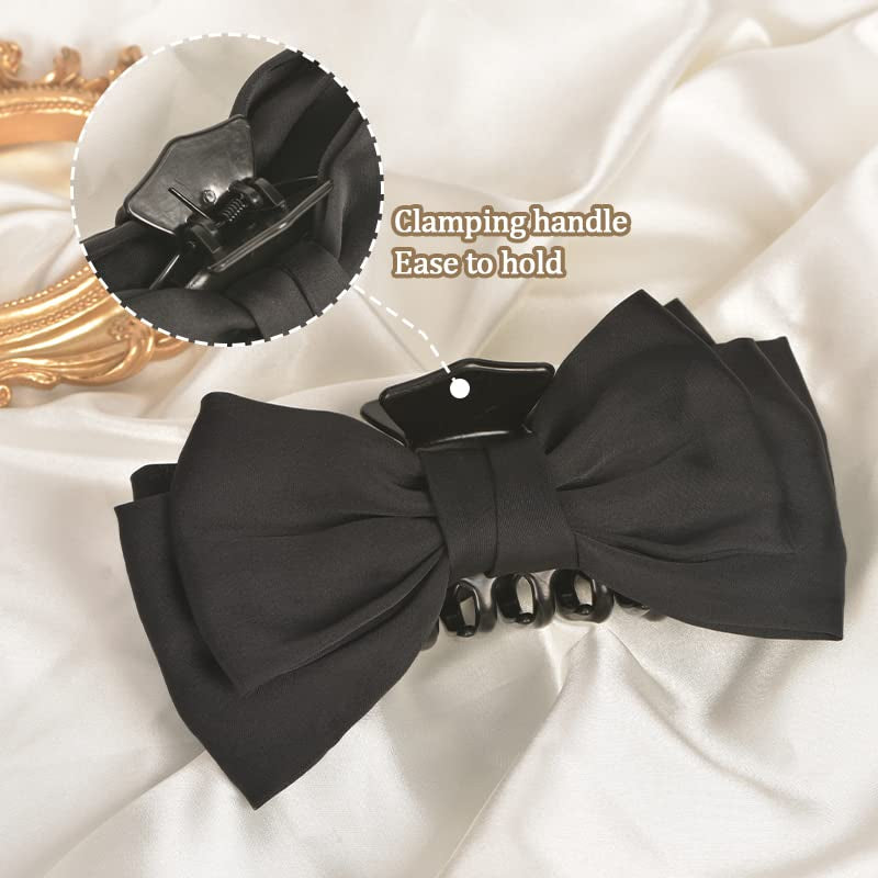 Large Satin Bow Claw Clips Black for Women - Big Clips for Thick Long Hair, Bowknot Accessories, Non-Slip Jaw Clamps for Girls Styling