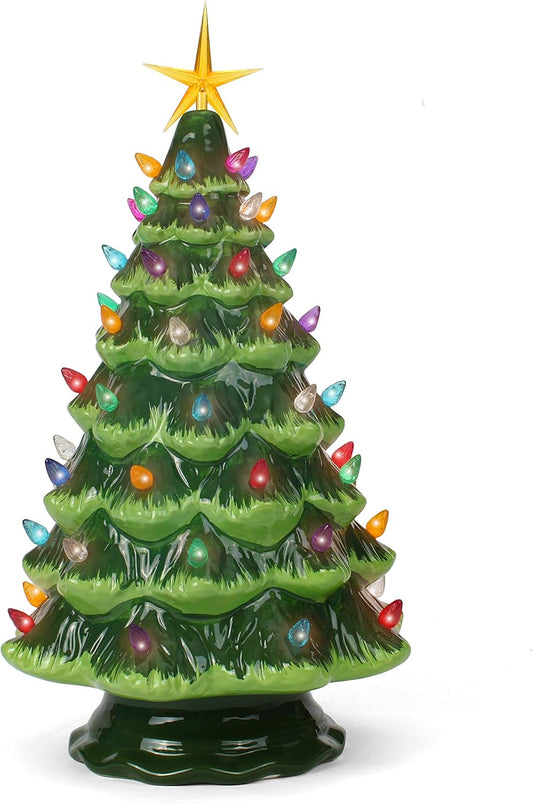 Ceramic Christmas Tree - Tabletop Tree with Lights - (15.5" Large Green Christmas Tree/Multicolored Lights) - Lighted Vintage Ceramic Tree