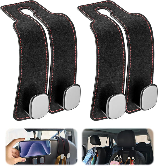 2 in 1 Car Seat Back Storage Hook and Headrest Hooks for Car,2Pcs Purse Hook for Car,Bendable Universal Double Hooks with Phone Holder,Car Hooks for Purses and Bags and Shopping Bags(Black)
