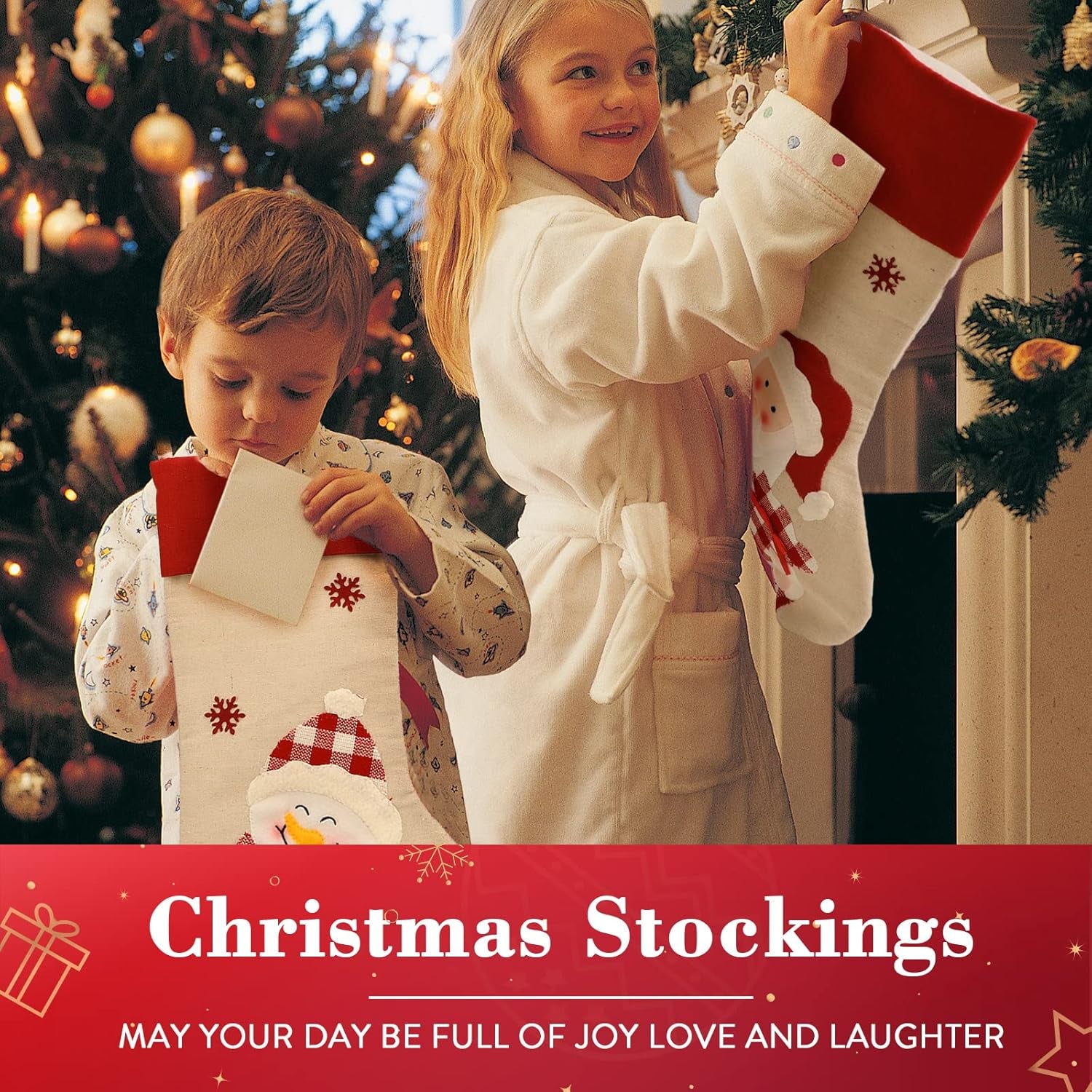 Christmas Stockings 4 Pack, 18'' Large Xmas Stockings for Christmas Decoration, Santa Snowman Ornaments, Rustic Classic DIY Craft Gifts Decor for Family Holiday Party Home Christmas Eve