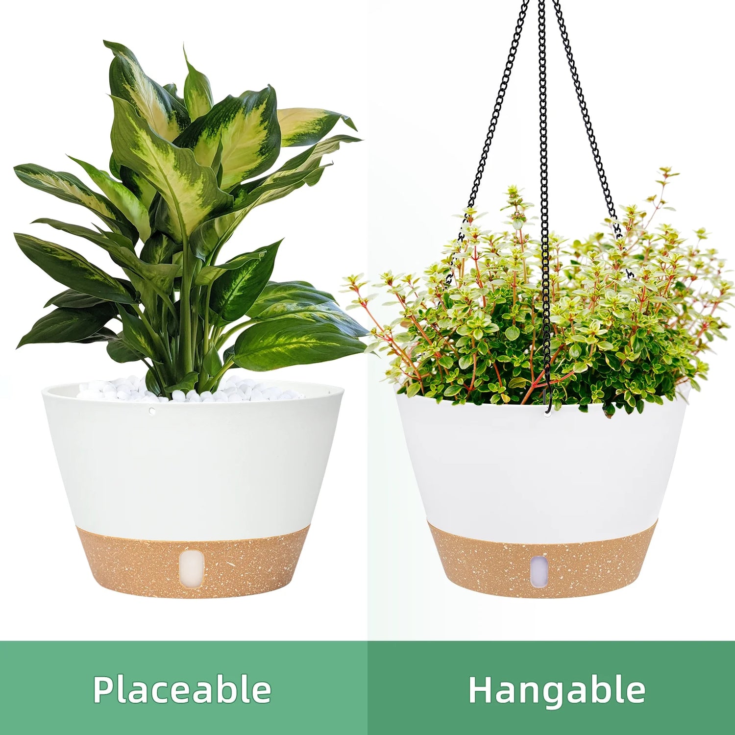 2 Pack 8 Inch Plastic White Hanging Planters with 3 Hooks, Hanging Plant Pot Basket with Drainage Hole for Garden Home