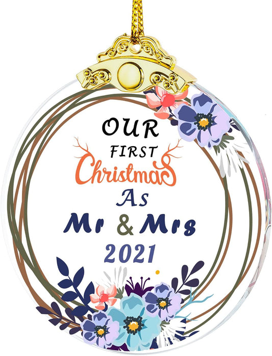 Our First Christmas as Mr & Mrs 2021 Christmas Tree Ornaments Crystal Glass Present for Newly-Married Couple Wedding Keepsake Ceremony Friends Christmas Tree Pendant Novelty Souvenir
