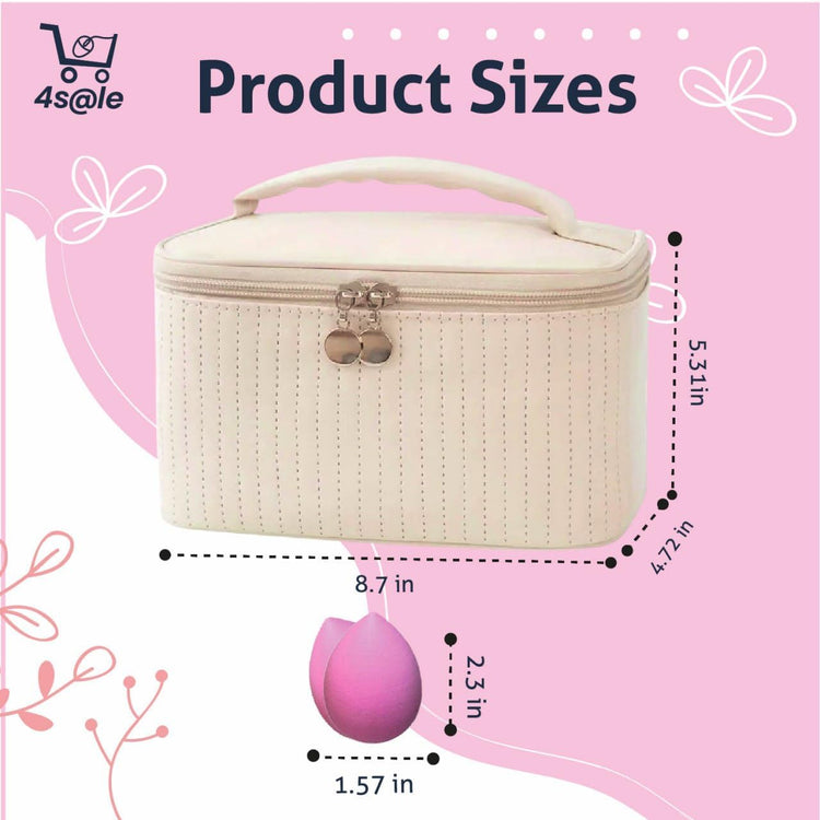 Makeup Bag Organizer – 2-In-1 Cosmetic Bag with 2 Makeup Sponges Portable Travel Toiletry Case for Women with Zipper & Handle – Large Capacity Beauty Storage