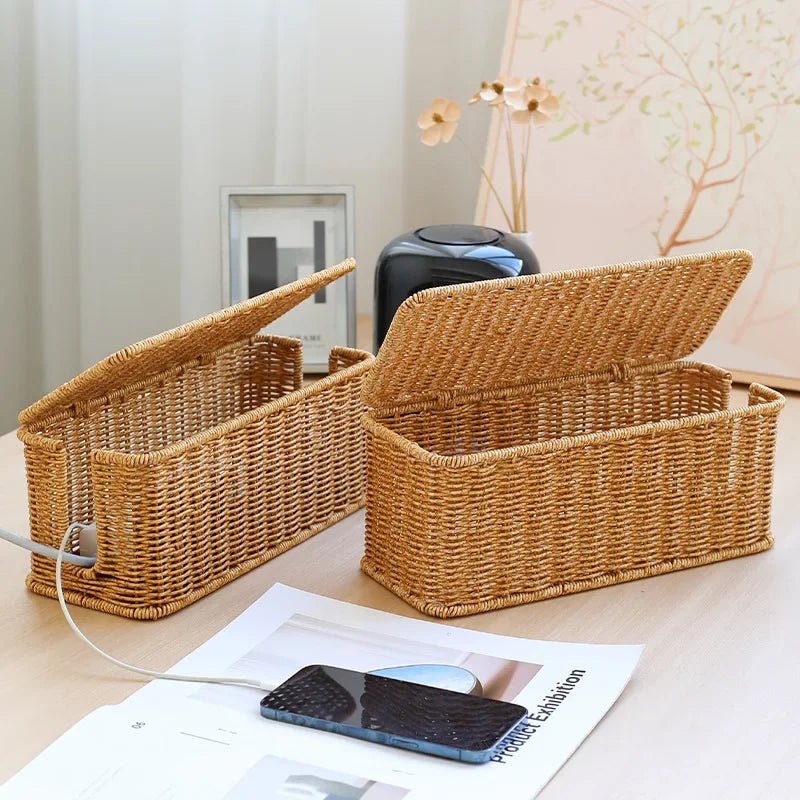 Handmade Cable Management Box, Durable Rattan Cable Organizer, 2 Open Slots Cords Hider Box, under Desk Cord Organizer