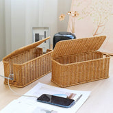 Handmade Cable Management Box, Durable Rattan Cable Organizer, 2 Open Slots Cords Hider Box, under Desk Cord Organizer