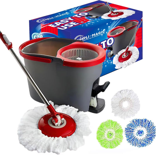 360 Spin Mop and Bucket with Foot Pedal and Soap Dispenser & 3 Microfiber Heads, Red/Black