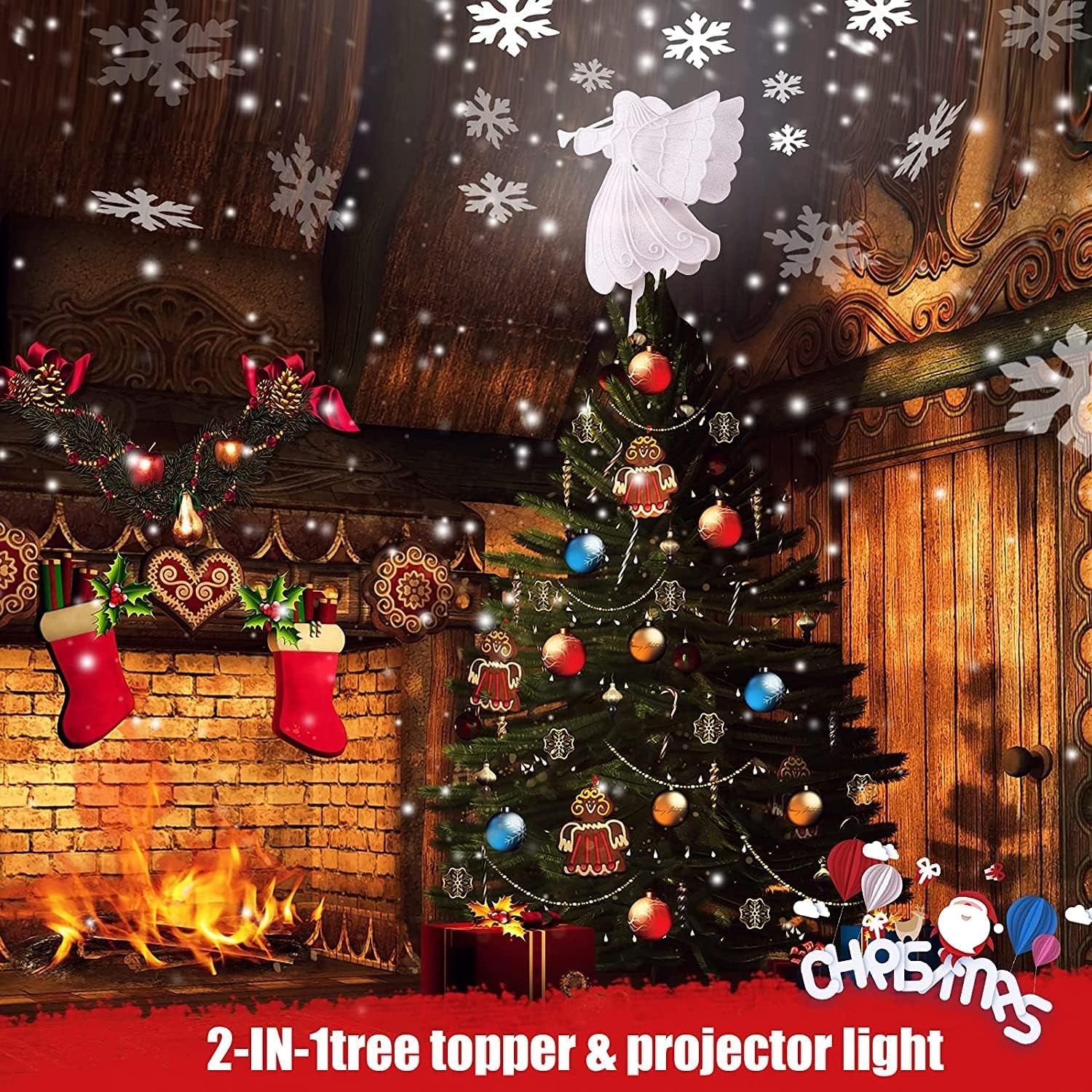 Night Light Projector, Snowflake Led Projector for Bedroom, Angel Christmas Tree Topper for Christmas Tree Decorations
