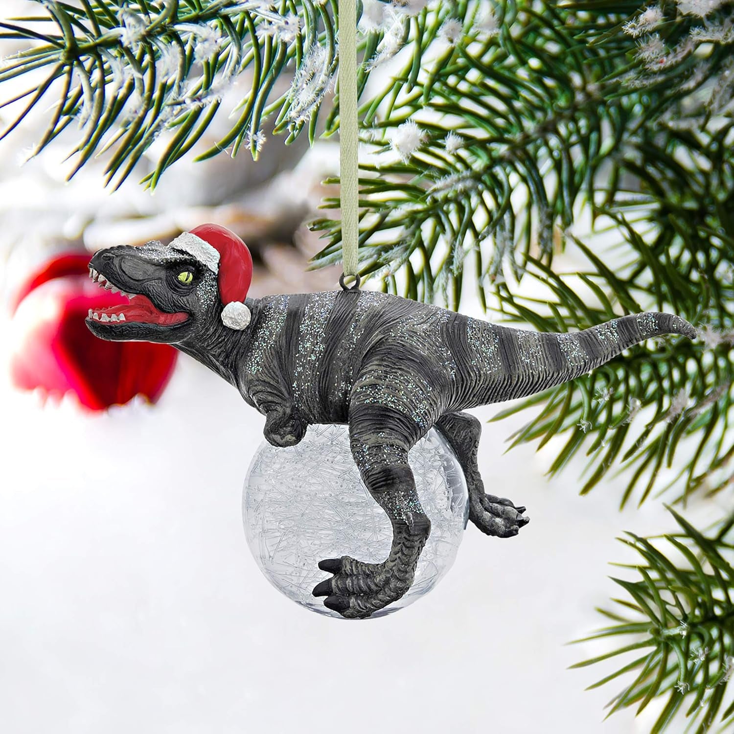 Blitzer the T Rex Dinosaur Christmas Tree Ornament, 5 Inch Long, Cast Stone Resin with Glass Ball, Green Glitter Finish