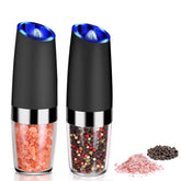 2 Pcs Electric Gravity Pepper and Salt Grinder Set, LED Light, Adjustable Coarseness, Battery Operated, Stainless Steel Black